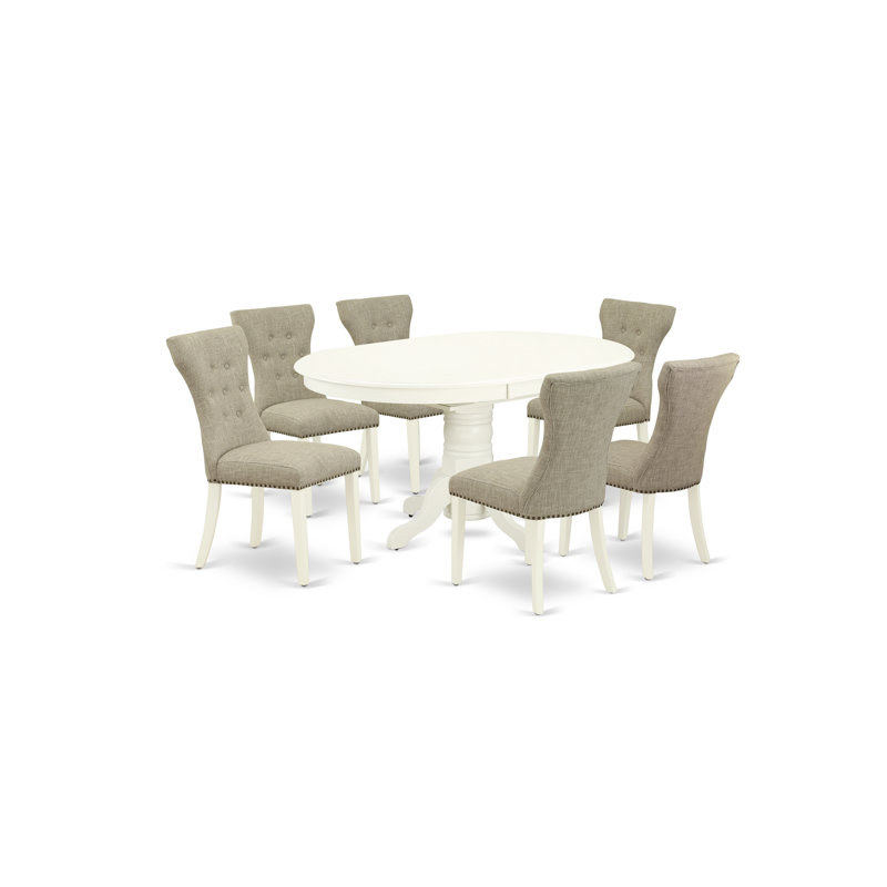 7 Piece Dining Room Furniture Set Consist of an Oval Wooden Table with Butterfly Leaf and 6 Doeskin Linen Fabric Parson Chairs, Linen White