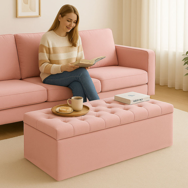 Chesterfield Ottoman Storage Box - Plush Velvet Blanket box - Shoe Bench - End of Bed Bench, Pink, 40cm H x 120cm W x 40cm D