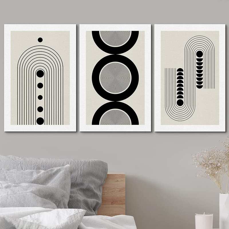 Ensemble de 3 reproductions encadrées sur toile Mid-Century Boho, H 36 po x l 72 po x P 1,5 po, Cadre flottant noir
