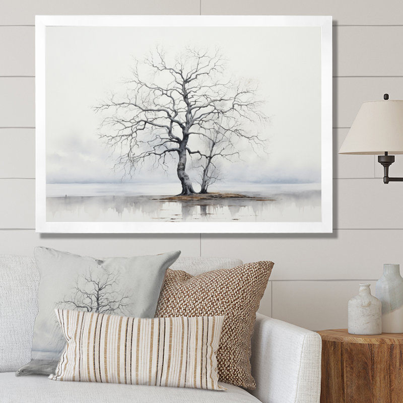 «Minimalisme gris arbre solitude VI», reproduction sur toile, H 24 po x l 32 po x P 1 po, Cadre photo blanc