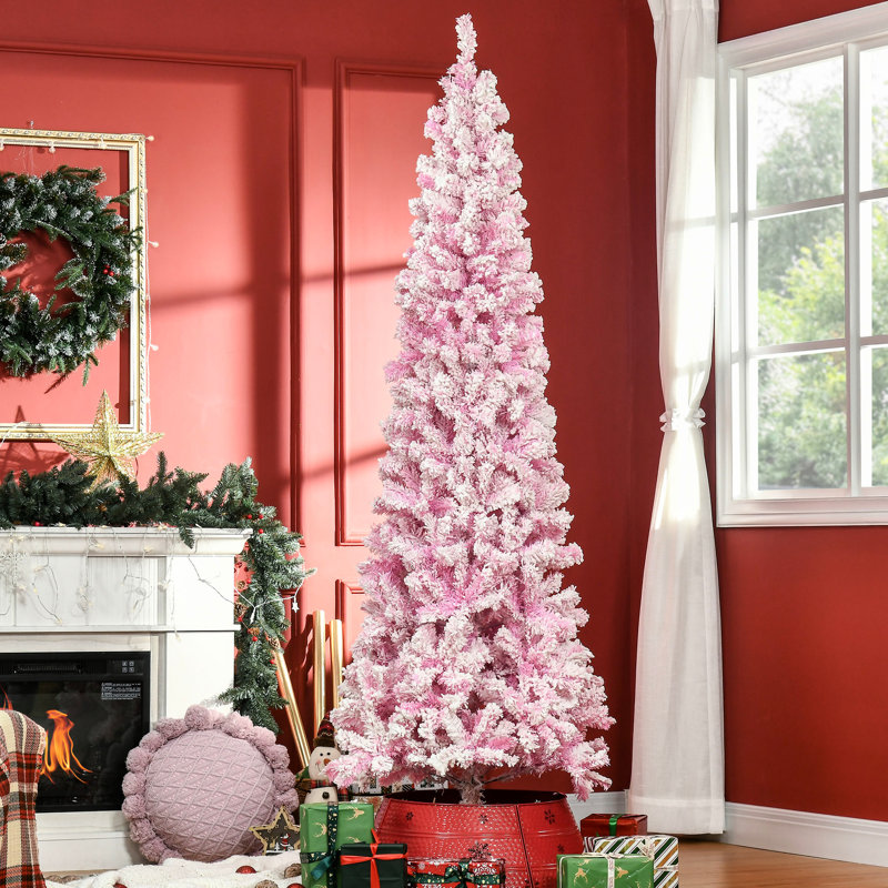 Arbre rose 7,5 pi - Crayon mince artificiel avec neige floquée et branches réalistes en forme de pin de Noël 7,5 pi, branches en forme de pin