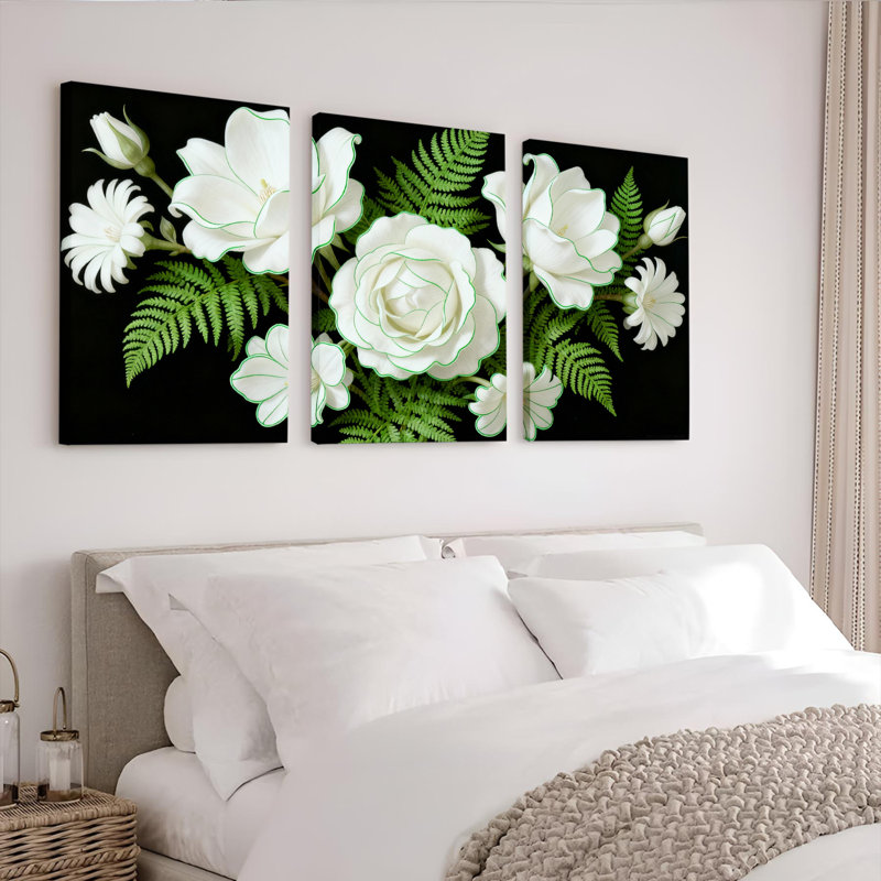 Ensemble de 3 toiles murales à motifs floraux de roses blanches et de fougères, H 18 po x l 36 po