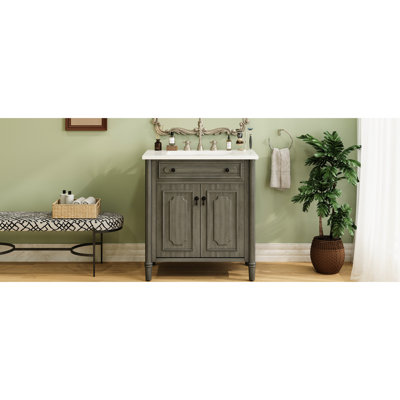Meuble-lavabo gris antique de 31 po avec lavabo en céramique, tablettes réglables et pieds en bois d'hévéa avec portes à fermeture en douceur et pieds cylindriques rainurés