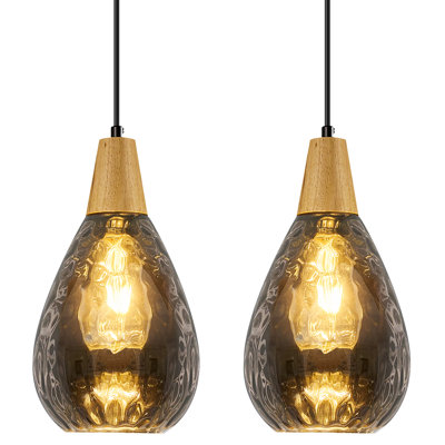 Suspension moderne de style campagnard en verre martelé en forme de larme avec abat-jour en bois pour îlot de cuisine ou chambre