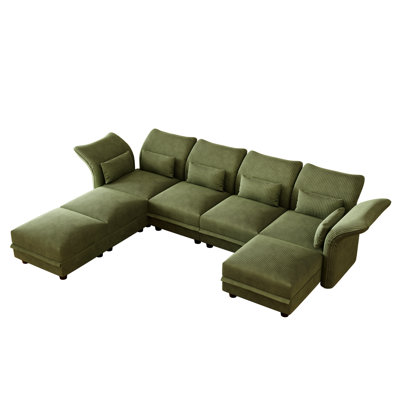 U-Shaped Upholstered Modular Sectional Sofa With Storage, 7 Seat  Corduroy  Couche With Adjustable Arms Backs,Plush Supportive Cushions, Green