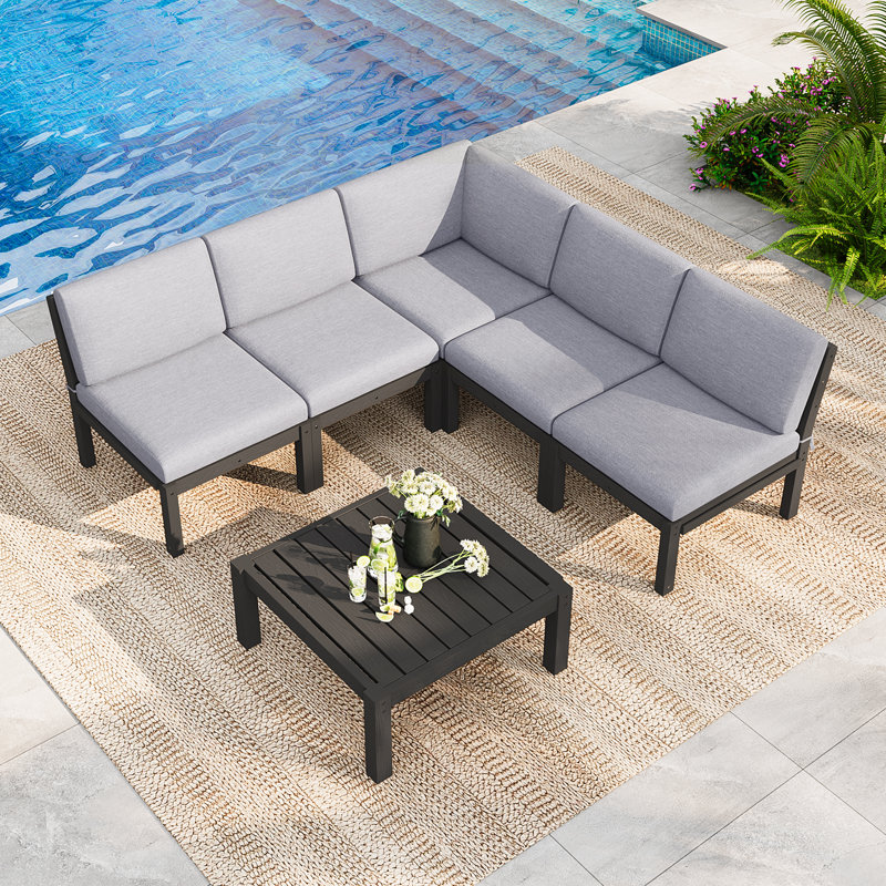 5 - Person Outdoor HIPS Patio Conversation Furniture Set, Black, Light Gray Cushion/Black Frame