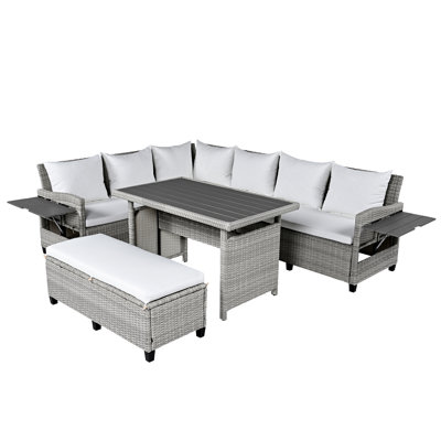 Ensemble de canapé de patio extérieur en rotin 5 pièces, ensemble de mobilier de jardin en forme de L en osier modulaire avec 2 tables d'appoint extensibles, table de salle à manger et housses lavables pour la cour, la piscine, l'intérieur, blanc