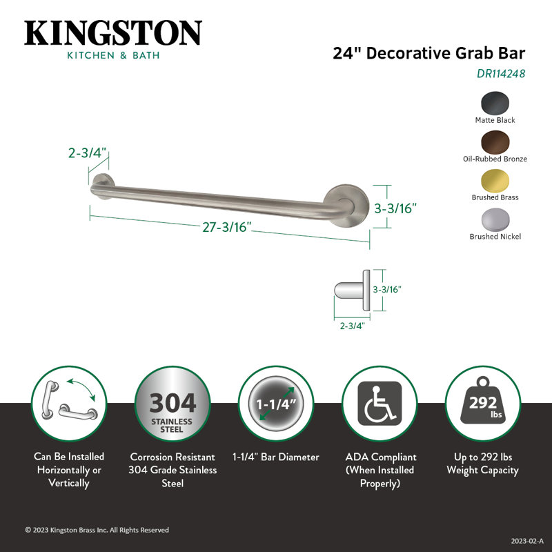 Kingston Brass Americana 1-1/4 Inch O.D Grab Bar, 24", Brushed Brass