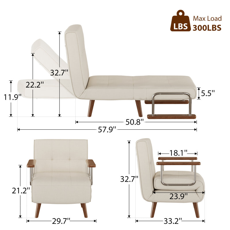 3-in-1 Folding Chair Bed, Solid Wood Legs – Convertible Sleeper Sofa, Adjustable Lounger for Small Spaces, Brown