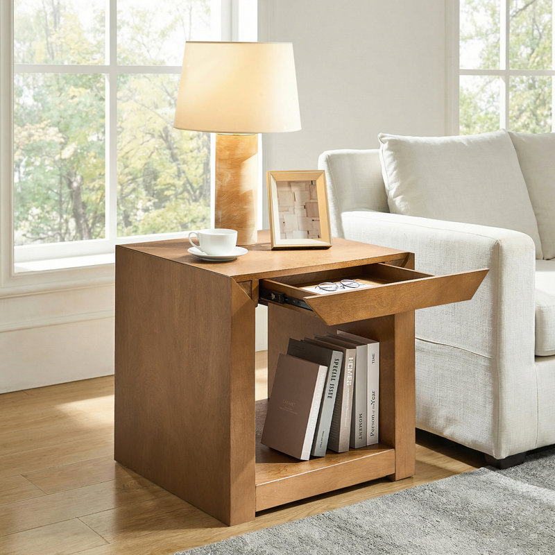 Table de bout moderne en bois l 24 po avec 1 tiroir caché Casella, Teck