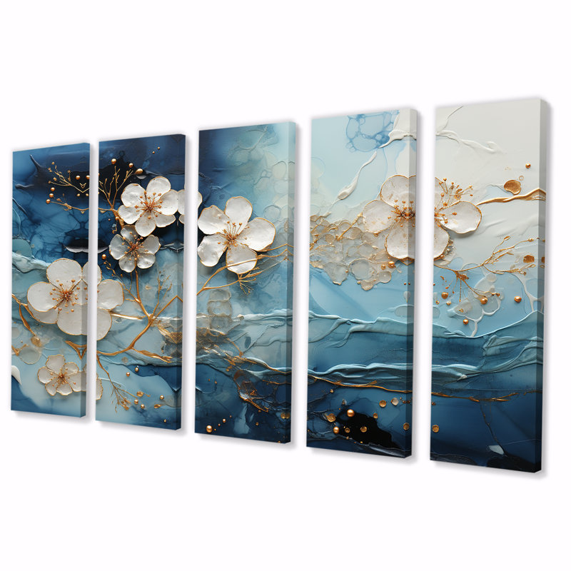 Encre liquide blanche et bleue II - Fleurs, art mural 5 pièces, H 32 po x l 80 po