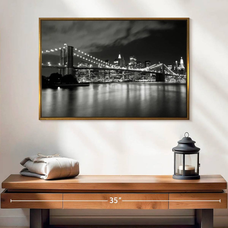 Pont de Brooklyn la nuit, 25 po x 17 po, Cadre flottant doré