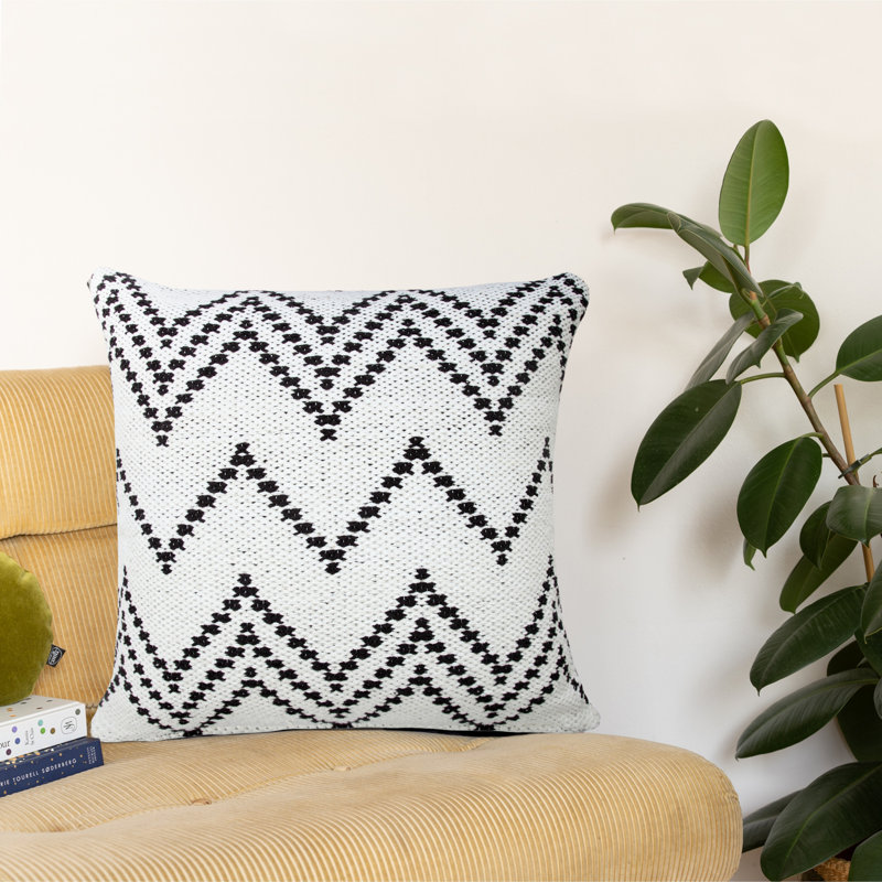 Hand-Woven White and Black Chevron Cotton Square Pillow Cover