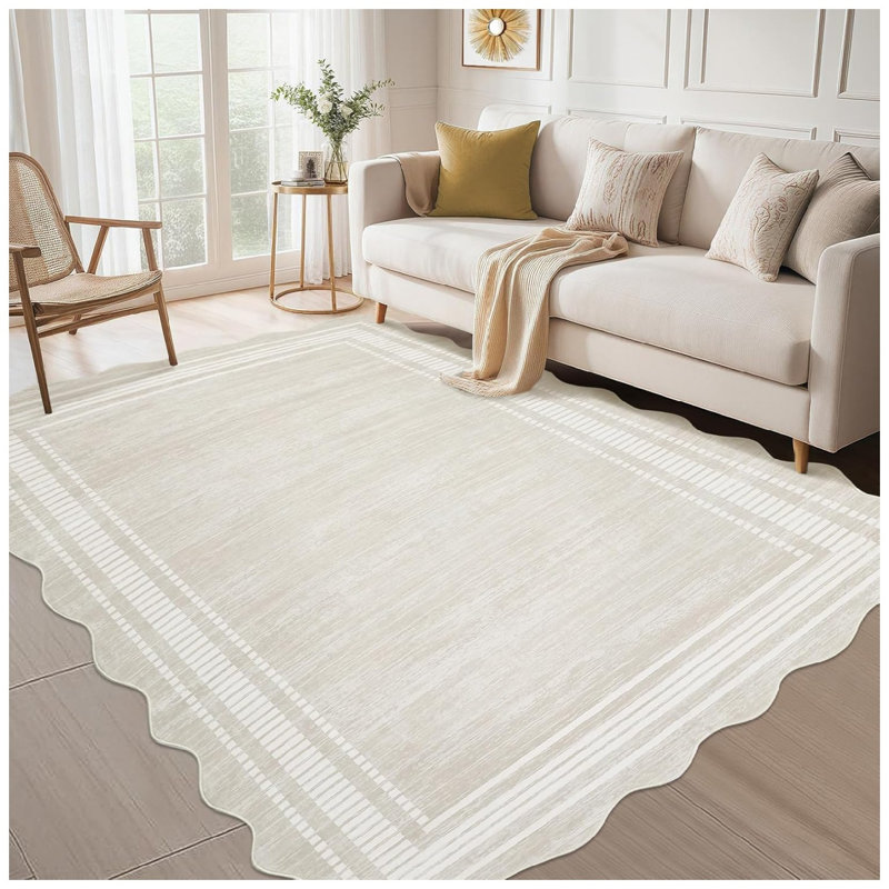 Washable Rugs 8x10 ft Rug Modern Scalloped Solid Rugs for Living Room Soft Bedroom Rug Stain Resistant NonShedding Accent Carpet Low Pile Floor Cover for Office Classroom Nursery-Beige
