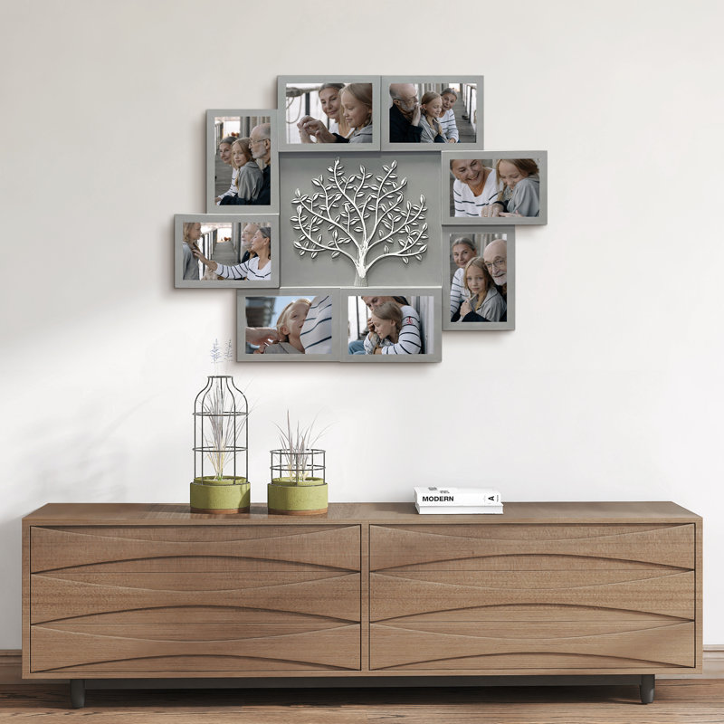 Gray 8 Opening Family Tree Collage Photo Frame with 3D Silver Embossed Tree Center, Irregular Wall Gallery for 4x6 Family Photos