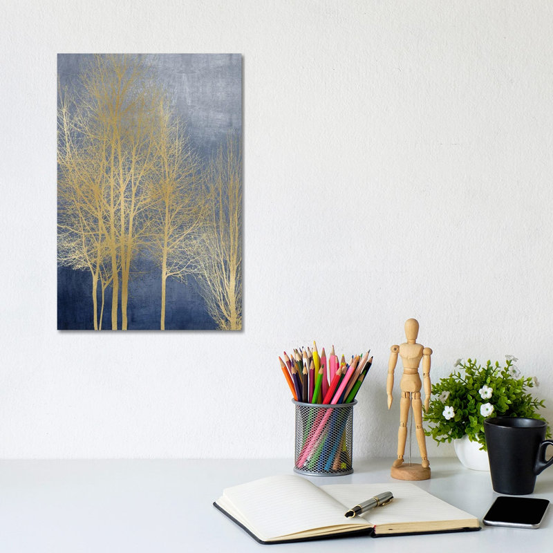 Gold Trees On Blue Panel I by Kate Bennett - Wrapped Canvas Print, 20.32 cm H x 30.48 cm W