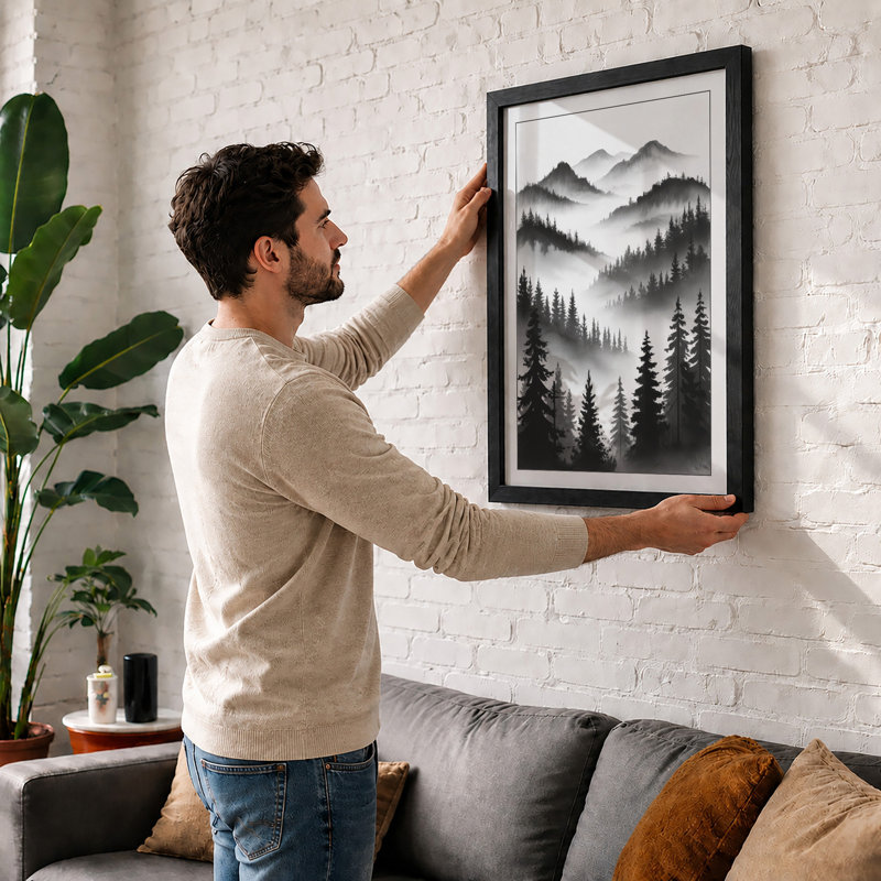 Misty Mountain Ranges Scandinavian - Framed Print, Black, A3 - 42.0 x 29.7 cm
