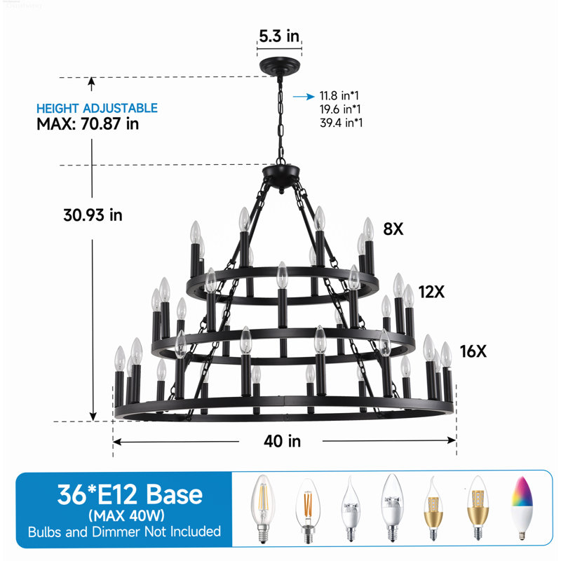 Lustre de ferme 36 lumières à 3 niveaux à niveaux multiples pour plafonds hauts - noir