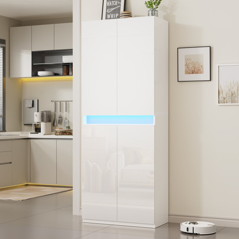 Armoire de rangement de 71 po de hauteur, garde-manger avec portes ultrabrillantes, armoire à buffet moderne avec éclairage à DEL et tablettes réglables pour la salle à manger, le salon, blanc