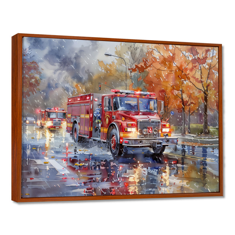Camion de pompier rouge en automne, New York II, Toile avec cadre flottant brun, H 24 po x l 32 po x P 1 po