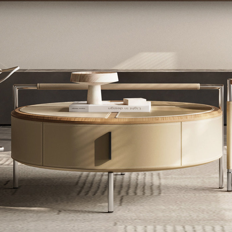 Italian round saddle leather coffee table set