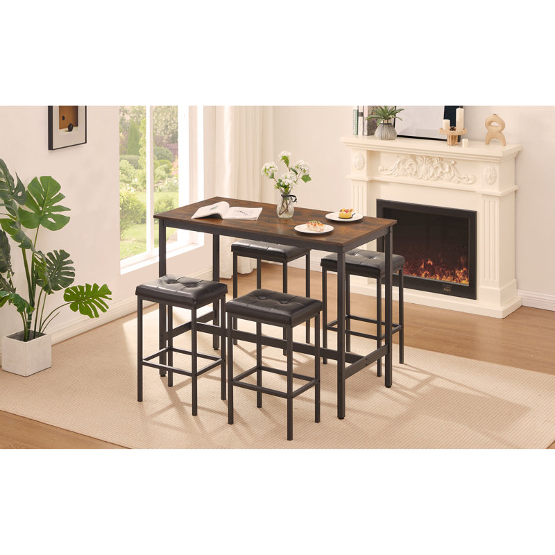 Ensemble de table de salle à manger 5 pièces de style pub, table de pub de style industriel, 4 chaises de bar en cuir PU, brun rustique, l 47,2 po x l 23,6 po x H 35,4 po