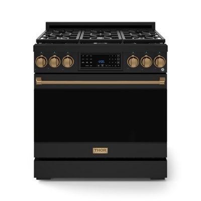 Cuisinière professionnelle au propane liquide de 36 pouces avec panneau tactile inclinable Gordon Ramsay par THOR Kitchen en noir / bronze