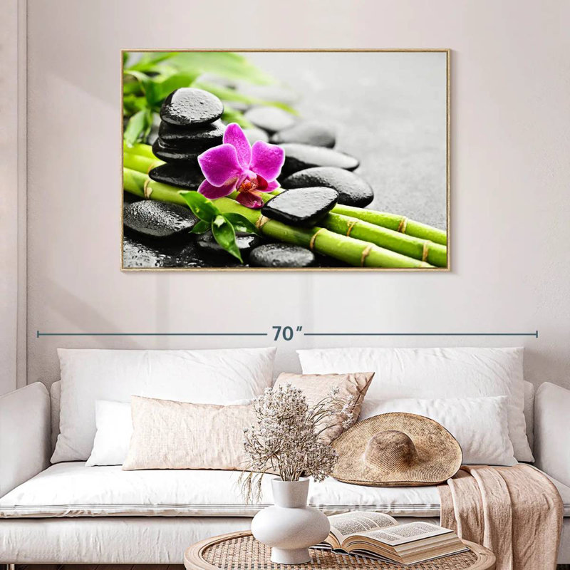 Pierres de basalte et orchidée, Cadre flottant en bois naturel, 46 po x 31 po