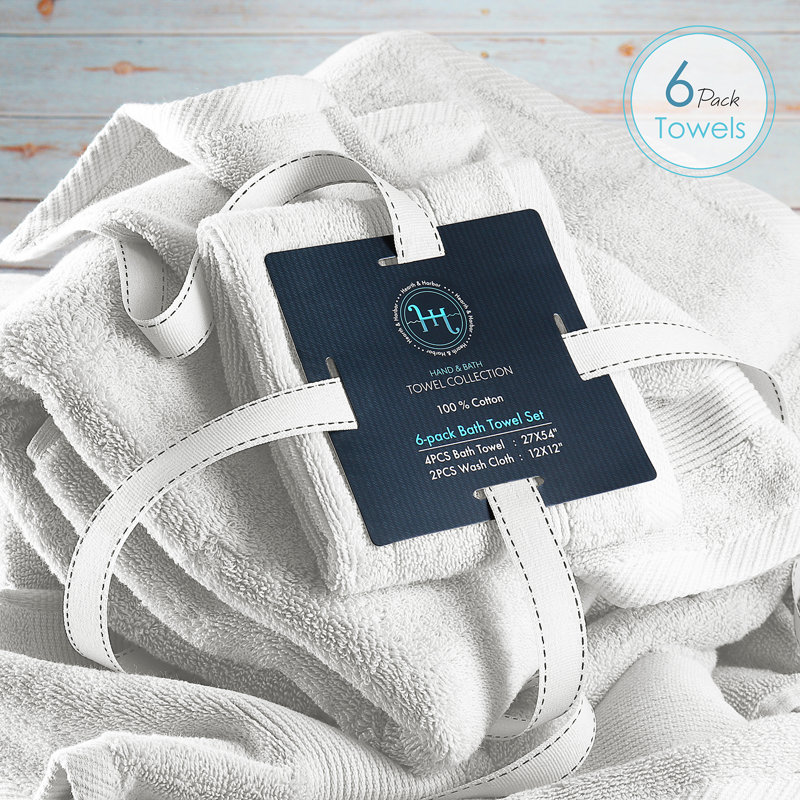 Ensemble de serviettes 6 pièces 100% coton Danni-Leigh., Blanc, Ensemble de 6 serviettes de bain