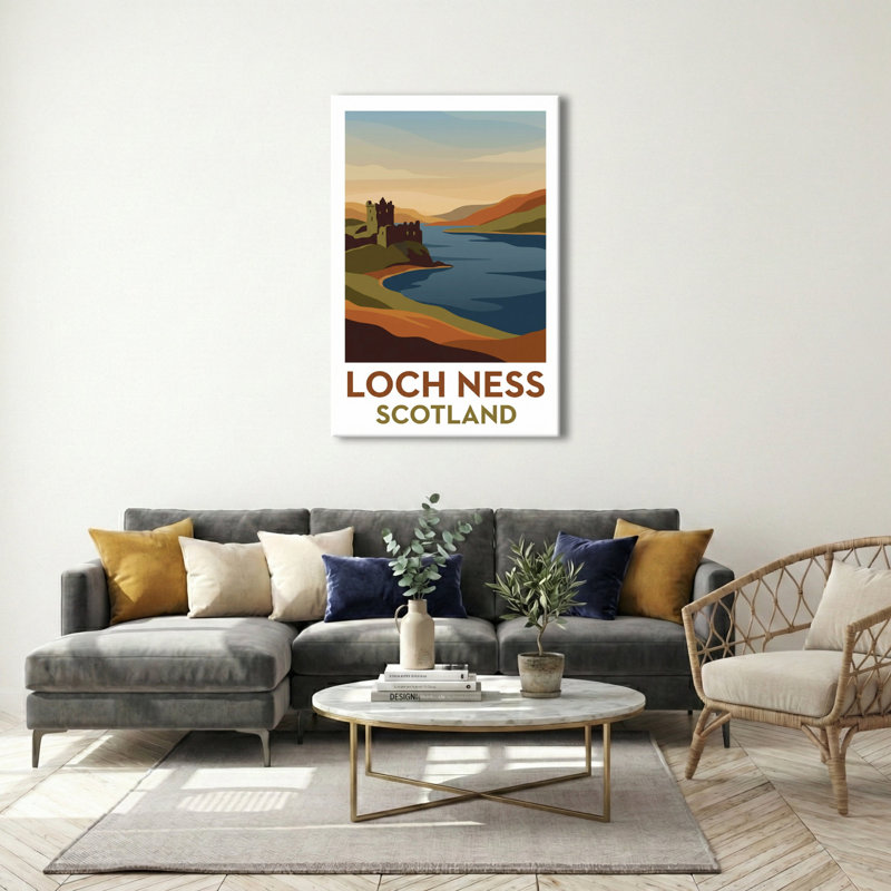 Loch Ness, Scotland - Romantic Highlands Travel Poster Featuring Urquhart Castle And Misty Loch Print. Giclee Print On Wrapped Canvas. Wall Art, Home Decor - Natural Landmarks, Scotland - Wrapped Canvas Print