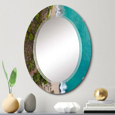 Vue aérienne de la plage de l'île tropicale turquoise - miroir mural nautique et côtier ovale