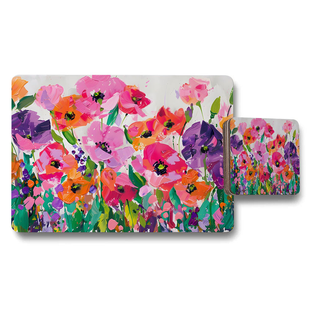 Colorful Floral Placemats And Coaster Set With Abstract Bloom Design