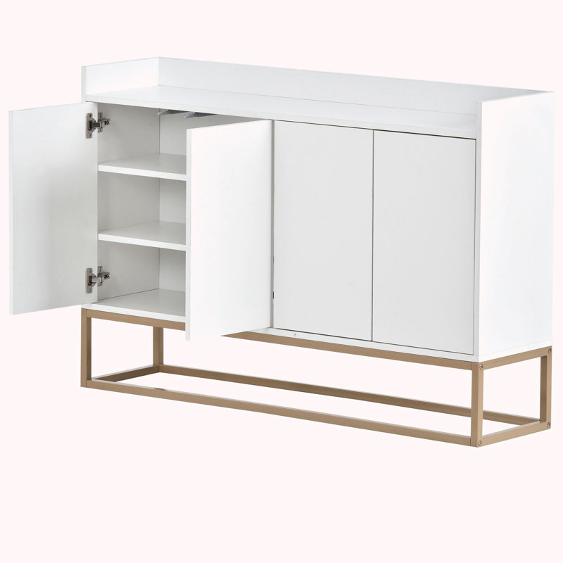 Console en bois avec grand espace de rangement, pieds en métal doré, Blanc, 31.5" H x 47.2" W x 11.8" D