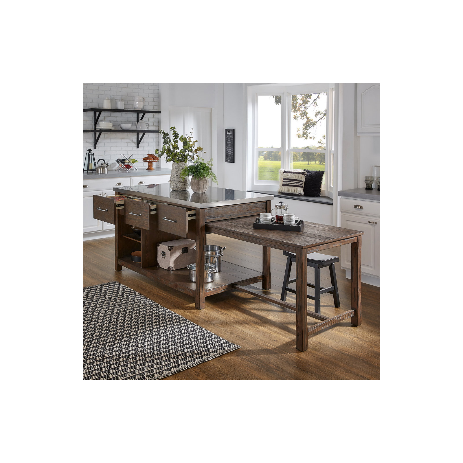 Tinka 3-Drawer Rectangle Pine Kitchen Island , Stainless Steel, Brown