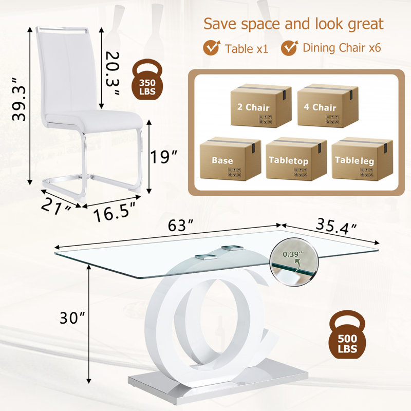 Glass Top Dining Table Sets, 7, White/Silver