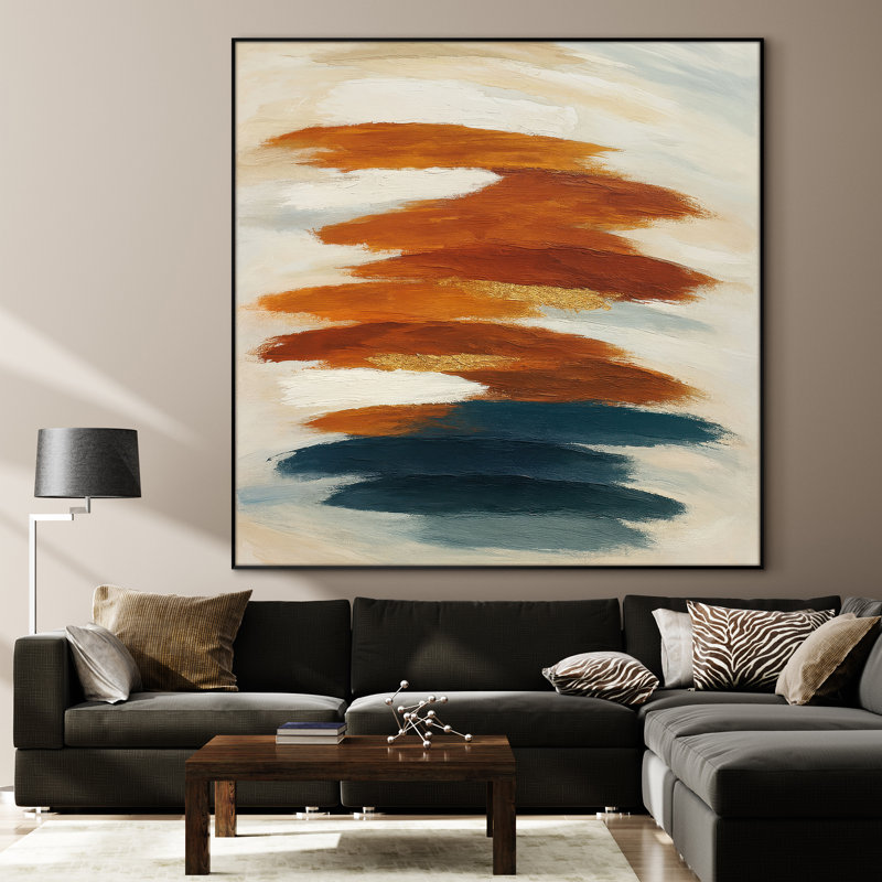 Très grand mélange de couleurs abstraites - rouille orange, bleu foncé et crème, décoration murale contemporaine, très grande impression murale encadrée (assemblage requis)