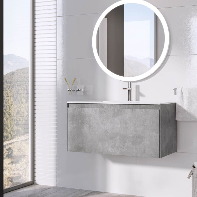 900mm Single Bathroom Vanity with Integrated Polyglomerate Basin, Concrete, White