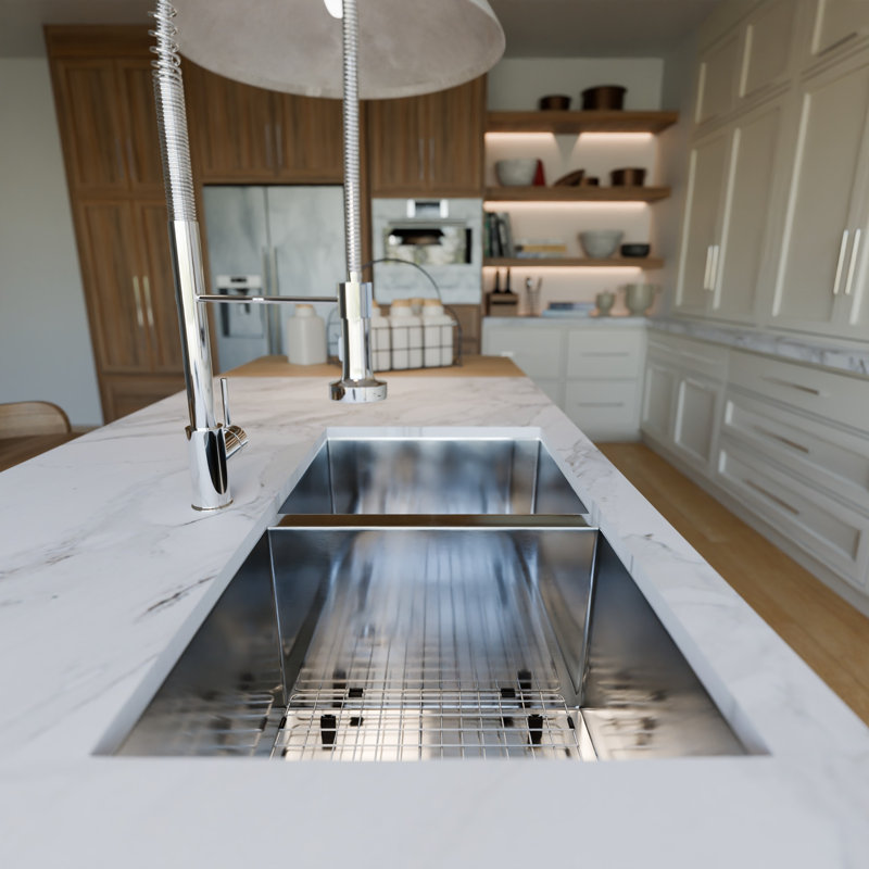 Évier de cuisine à double cuve en acier inoxydable avec drain et grille Zero Radius