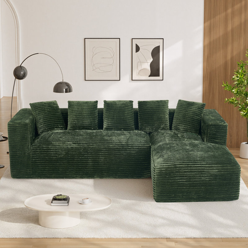 Canapé modulaire surdimensionné avec coussins Adame Boneless Compression, Velours côtelé vert, Forme en L, Face à la droite