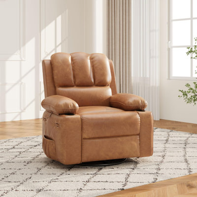 Fauteuil inclinable et pivotant en cuir avec chaleur et massage, canapé inclinable manuel avec porte-gobelets et poche latérale, coussin doux pour le salon et les adultes, brun