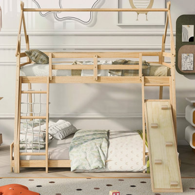 Lit superposé simple au-dessus de grand lit avec filets d'escalade et rampe d'escalade