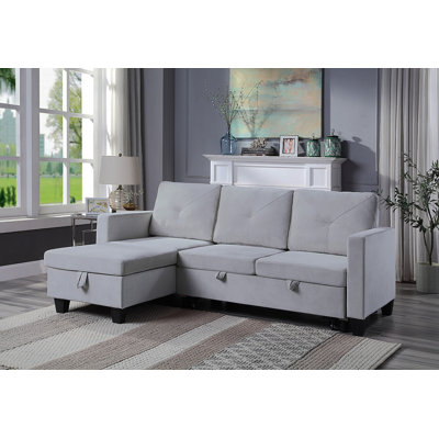 Nova 82.5" Light Gray Velvet Reversible Sleeper Sectional Sofa With Storage Chaise