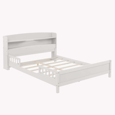 White Solid Pine Waterloo Bed Featuring Bookcase Headboard, LED Motion Sensor Light, And Bed Guardrails