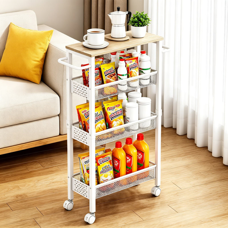 Chariot de rangement mince avec plateau en bois et rangement à 4 niveaux avec roulettes et poignée pour la cuisine, la buanderie et la salle de bain