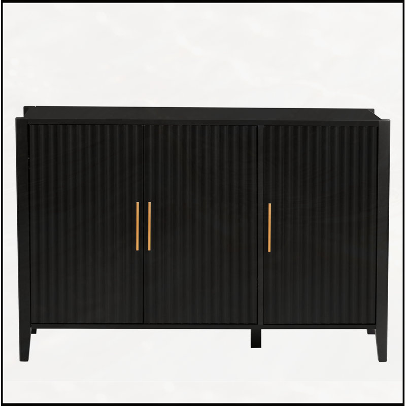 Buffet Wavy 3 portes avec pieds en pin massif, armoire de rangement à finition peinte, Noir