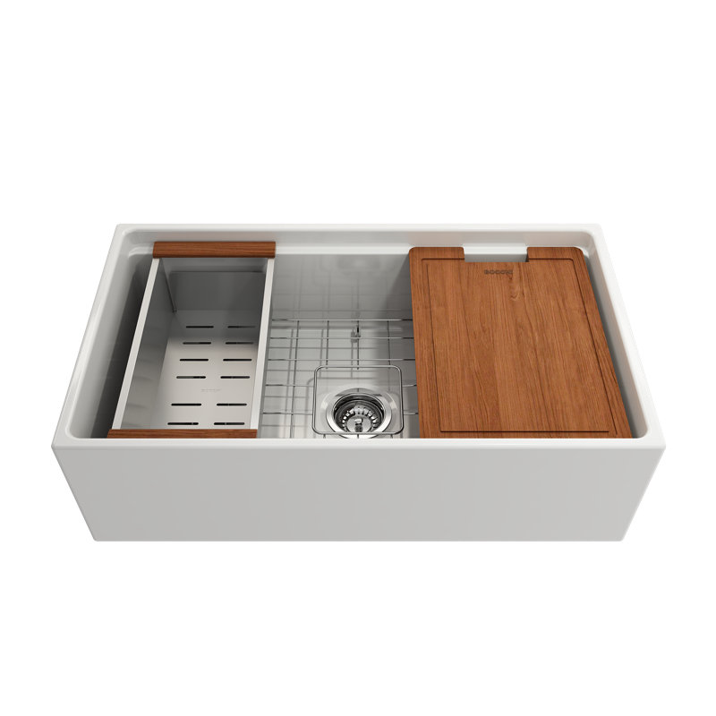 Contempo 33" L x 19" W Farmhouse Kitchen Sink With Basket Strainer, White