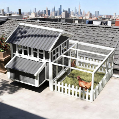 Spacious Chicken Housing With Nesting Box, Plastic Roof, Two Roosting Bars, Easy Assembly, For 3 - 4 Chickens Coop Chickens, Dark Gray, Painted Fir Wood, Metal Mesh, Box