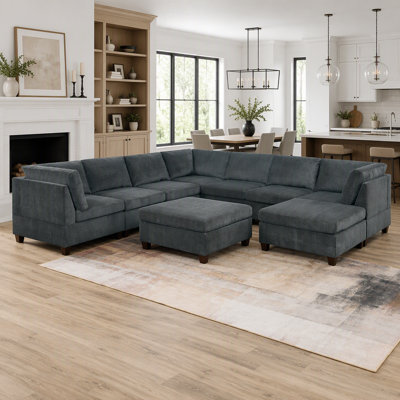 Ensemble modulaire en U en chenille gris 9 pièces avec coin d'angle, fauteuils sans accoudoirs et repose-pieds