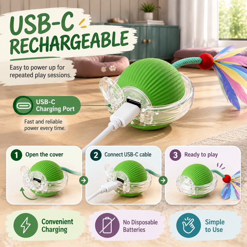 Cette version améliorée de la balle automatique pour chats et chatons d'intérieur comprend des lumières DEL, une alimentation USB-C rechargeable et une queue de plume.