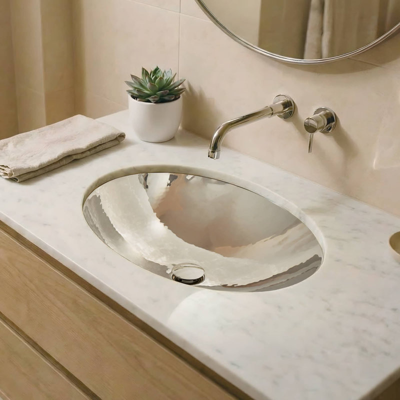 Copper Hand Hammered Oval Undermount Bathroom Sink, Foundry Polished Nickel